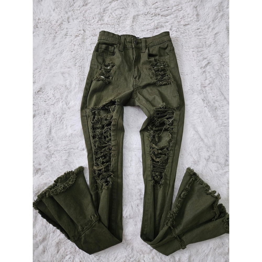 Fashion Nova Mystery Solved Extreme Bell Bottom Jeans Olive Green Distressed 0